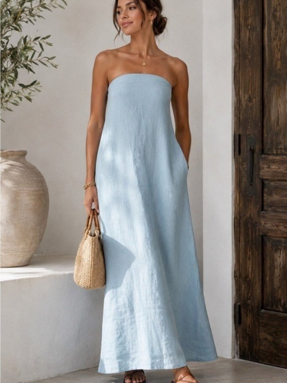 NWT Mikoh Thani Blue Linen Strapless Maxi Dress Size XS
